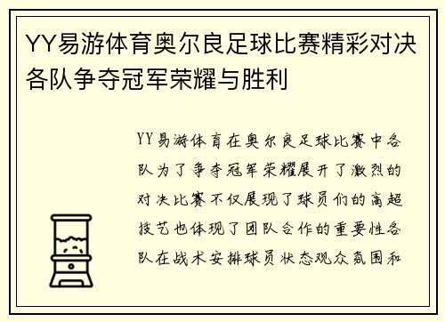 YY易游体育奥尔良足球比赛精彩对决各队争夺冠军荣耀与胜利