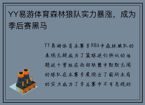 YY易游体育森林狼队实力暴涨，成为季后赛黑马
